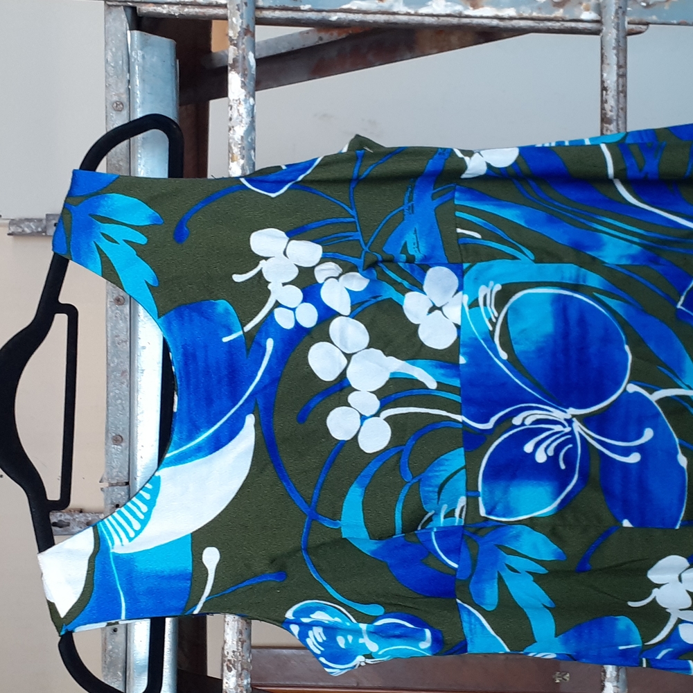 Vintage Blue & Green Hawaiian Dress slvs Maxi style size 16